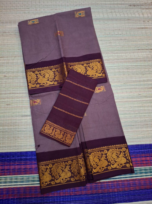 Madurai Sungudi Cotton - 6 Yard Meena Butta Double Side Gold Zari Border Dye and TIe